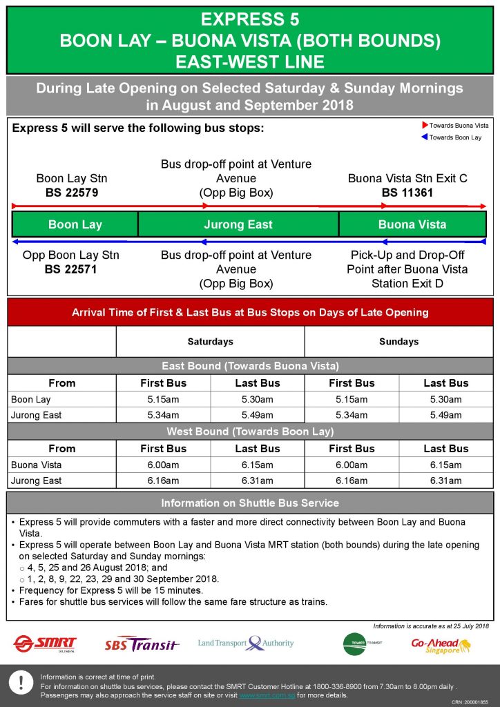 Express 5 (Boon Lay – Buona Vista) Departure Timings from Stations [Updated]