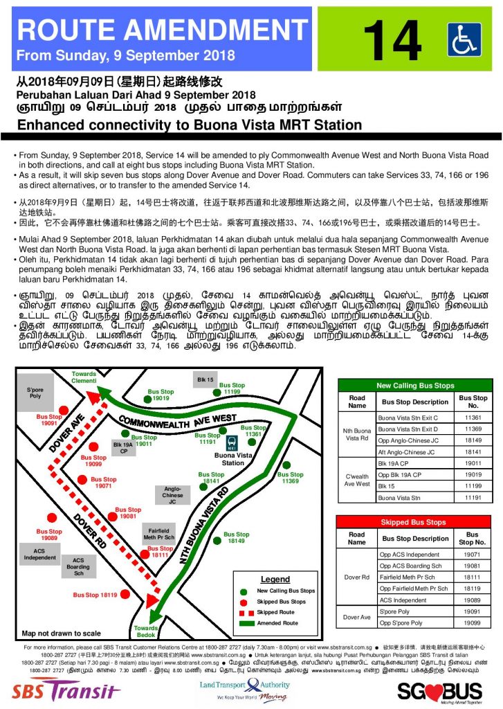 SBS Transit Poster for Service 14 Amendment to Buona Vista MRT Station