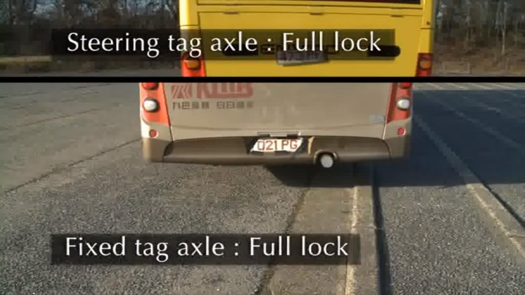 A bus equipped with RAS has a longer rear outswing at full steering lock (Video by Alexander Dennis)