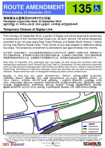 SBS Transit Poster for Service 135 - Temporary Closure of Siglap Link