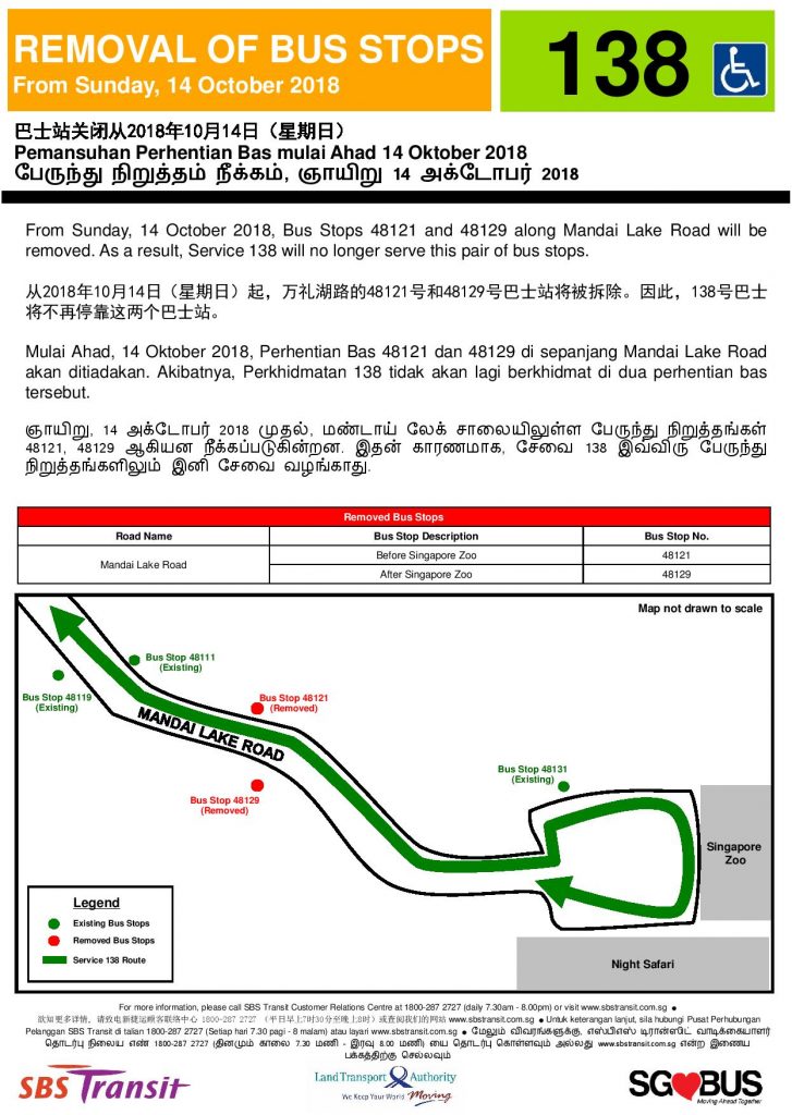 Removal of Bus Stops along Mandai Lake Road for Bus Services 138 & 138A