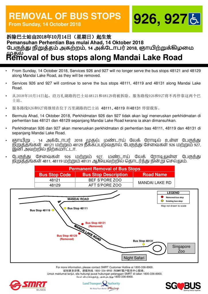 Removal of Bus Stops along Mandai Lake Road for Bus Services 926 & 927