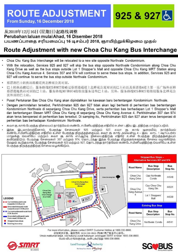 Route Amendment for Services 925 & 927 for Relocation of Choa Chu Kang Bus Interchange