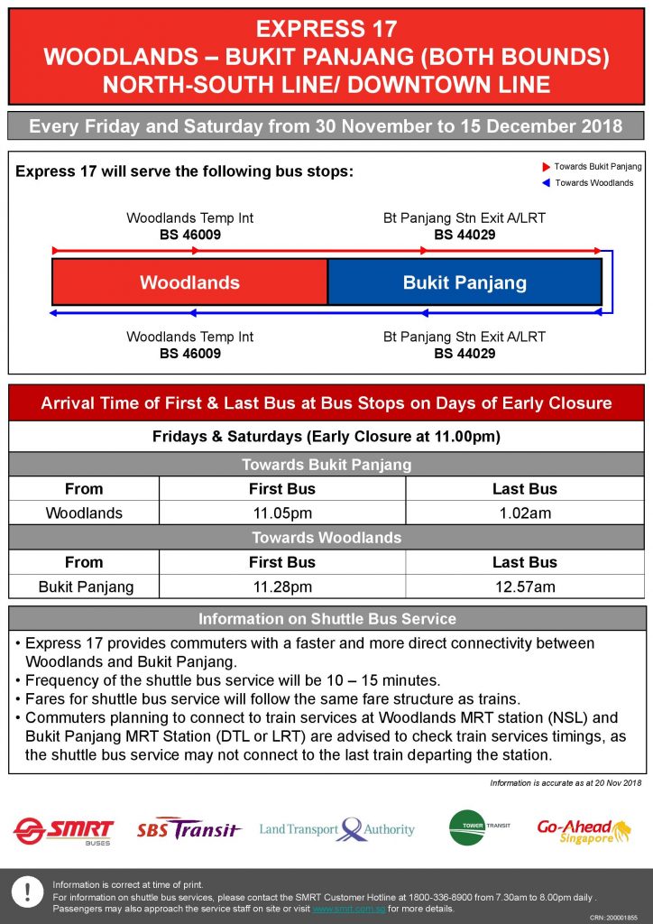 [Dec 2018] Express 17 (Woodlands – Bukit Panjang) Departure Timings from Stations