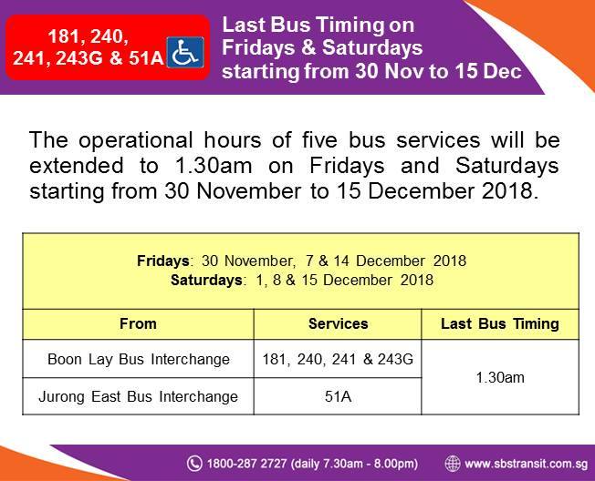 Extension of Operating Hours for selected SBS Transit Bus Services during MRT Early Closure in November / December 2018