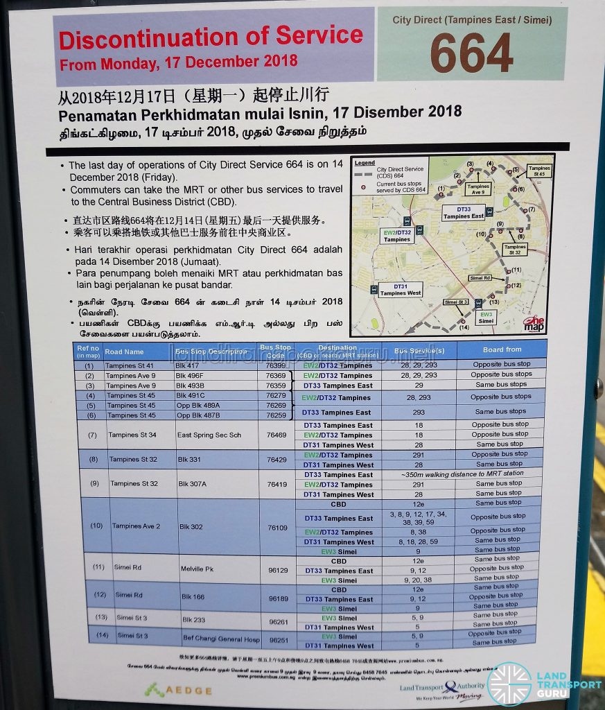 Discontinuation of City Direct Bus Service 664 Poster