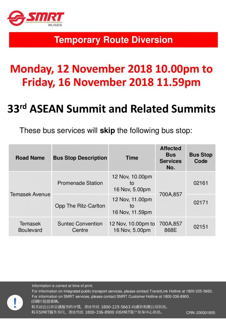 SMRT Buses Diversion Poster for 33rd ASEAN Summit and Related Summits