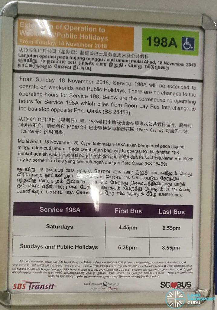 SBS Transit Poster for Short Trip Service 198A Extension of Operating to Weekends / Public Holidays