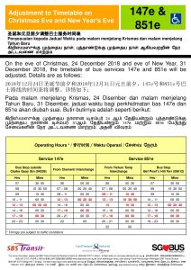 Adjusted Timetable for Services 147e & 851e during Christmas Eve & New Year's Eve 2018