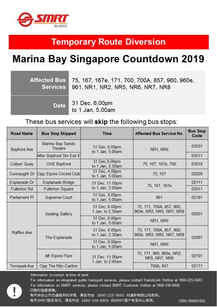 SMRT Buses Diversion Poster for Marina Bay Singapore Countdown 2019