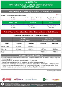 [Jan 2019] Shuttle 6 (Raffles Place – Bugis) Departure Timings from Stations