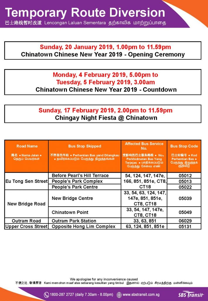 SBS Transit Poster for Chinatown Chinese New Year 2019 Celebrations Bus Diversions