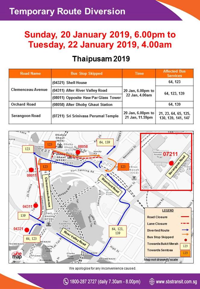 SBS Transit Bus Service Diversion Poster for Thaipusam 2019