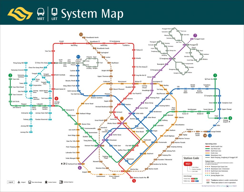 Singapore MRT Train Network Map as of January 2019