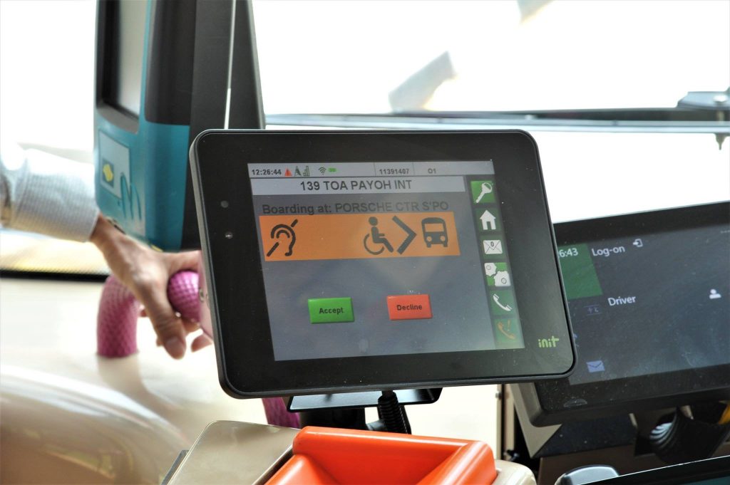 Assitive Passenger Information System - Driver Display Unit indicating Passenger with Disabilities intending to board further down the route (Photo: LTA)