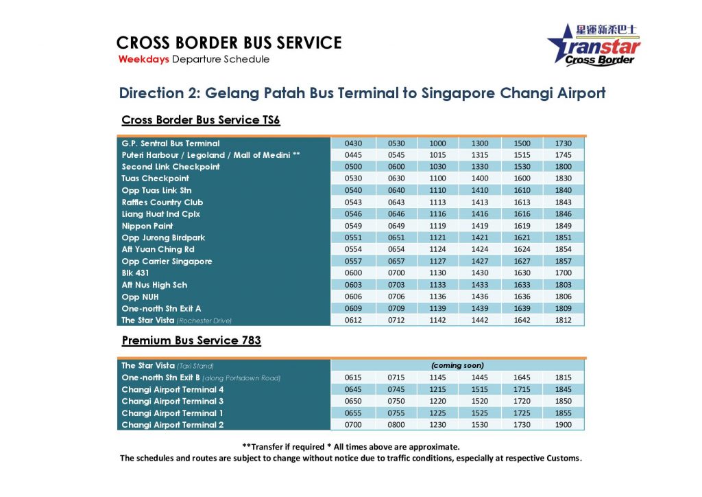 TS6 and 783 Schedule (Jan 2019) - Weekdays towards Changi Airport