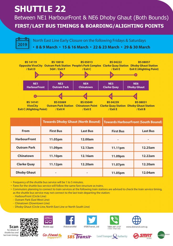 [Mar 2019] Shuttle 22 (HarbourFront—Dhoby Ghaut) Departure Timings from Stations