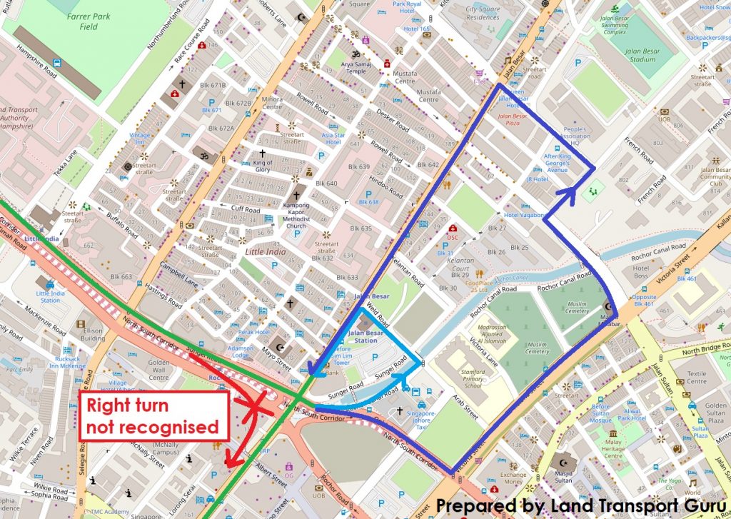 ODPB NB - BusNow App Routing - False Right Turn Restriction from Sungei Road to Bencoolen Street