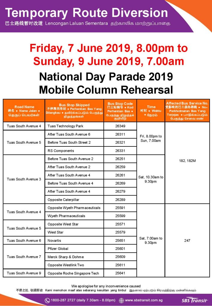SBS Transit Route Diversion poster for National Day Parade 2019 Mobile Column Rehearsal (June 2019)