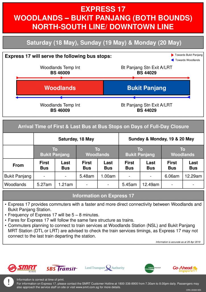 [May 2019] Express 17 (Woodlands – Bukit Panjang) Departure Timings from Stations