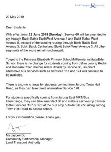 LTA Letter to Affected Students for Service 66 Route Amendment