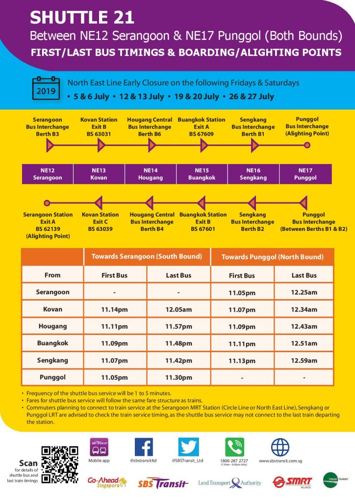 [July 2019] Shuttle 21 (Serangoon – Punggol) Departure Timings from Stations