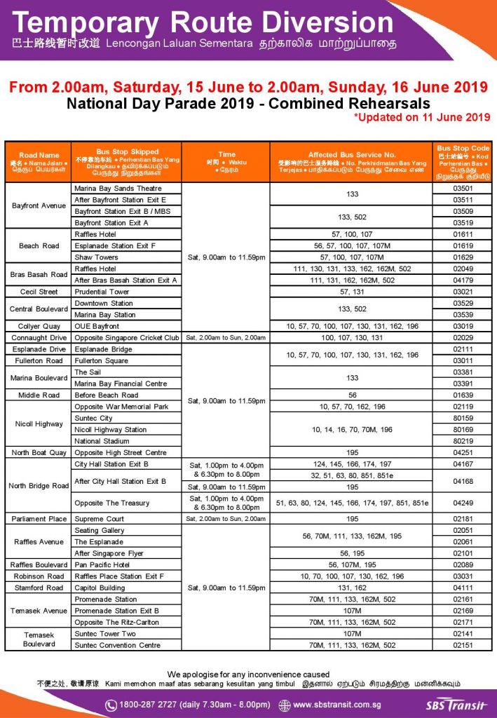 SBS Transit Route Diversion Poster for National Day Parade 2019 - Combined Rehearsals (Updated for CR1)