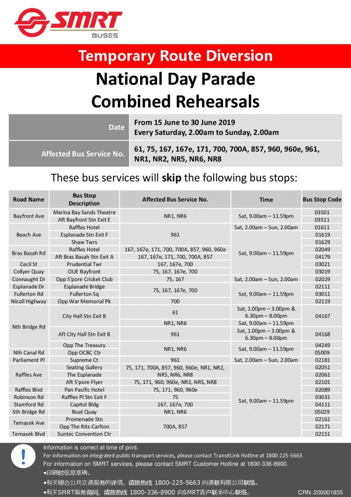 SMRT Buses Route Diversion Poster for National Day Parade 2019 - Combined Rehearsals