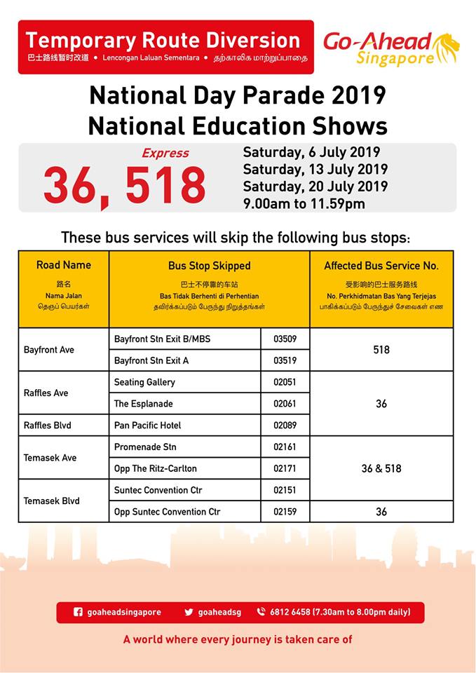 Go-Ahead Singapore Route Diversion Poster for National Day Parade 2019 - National Education Shows