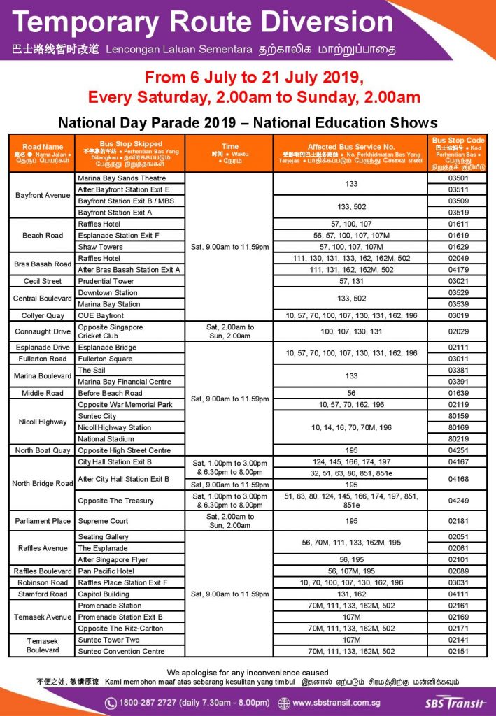 SBS Transit Route Diversion Poster for National Day Parade 2019 - National Education Shows