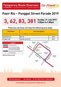 Go-Ahead Singapore Route Diversion poster for Pasir Ris - Punggol Street Parade 2019