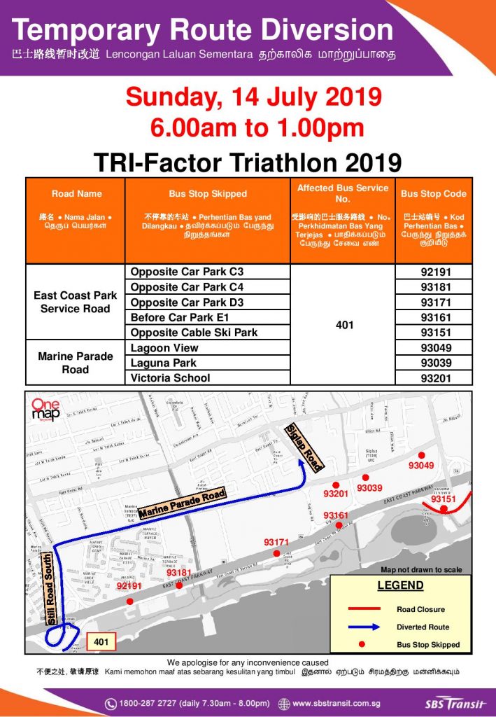 SBS Transit Route Diversion poster for TRI-Factor Triathlon 2019