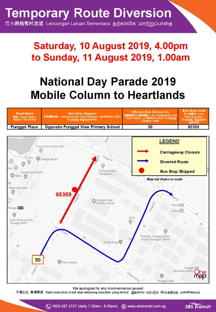 SBS Transit Route Diversion Poster for National Day Parade 2019 - Mobile Column to Heartlands