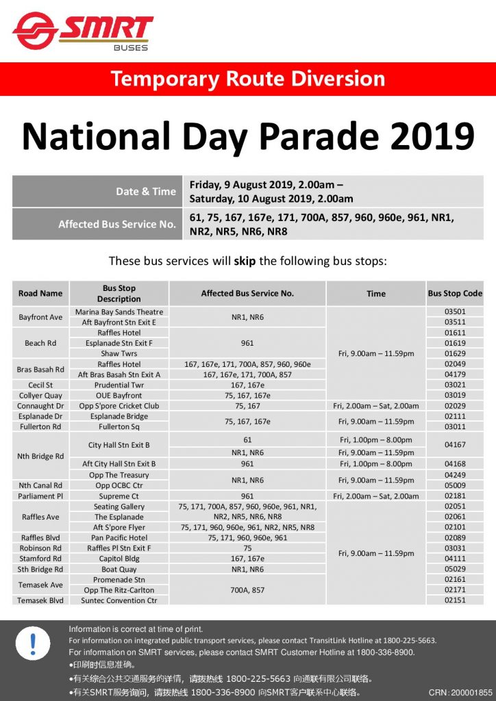 SMRT Buses Route Diversion Poster for National Day Parade 2019