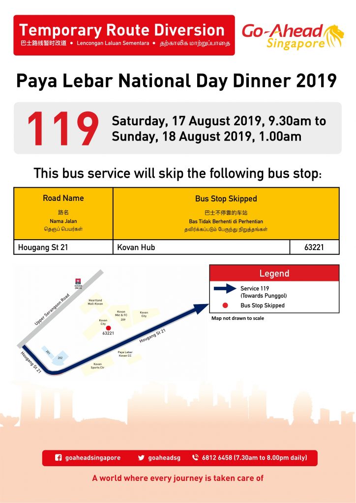 Go-Ahead Singapore Bus Service Diversion Poster for Paya Lebar National Day Dinner 2019