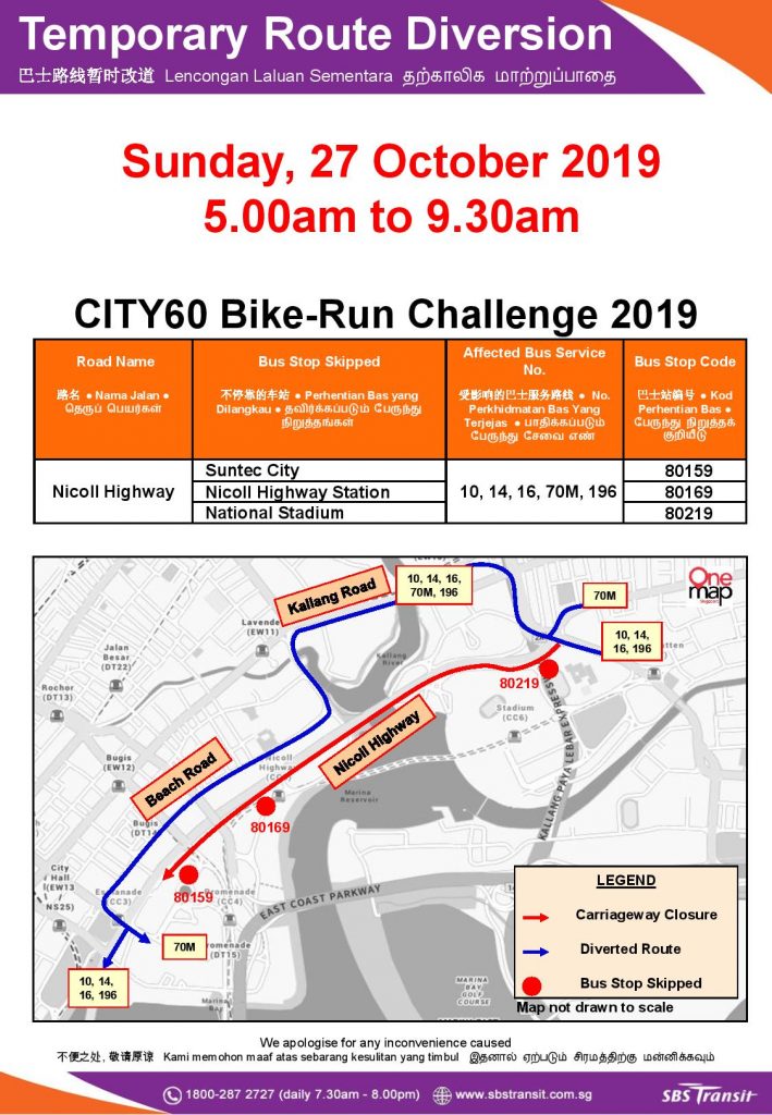 SBS Transit Temporary Route Diversion Poster for CITY60 Bike-Run Challenge 2019