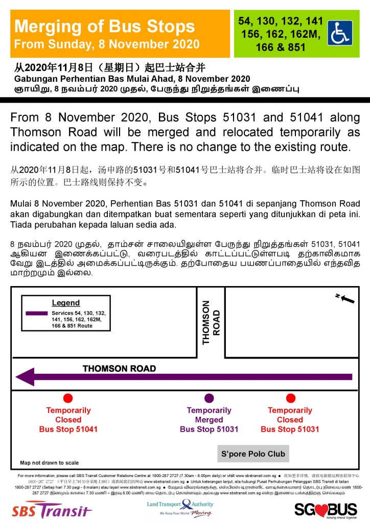SBS Transit Merging of Bus Stops Poster for Bus Services 54, 130, 132, 141, 156, 162, 162M, 166 & 851