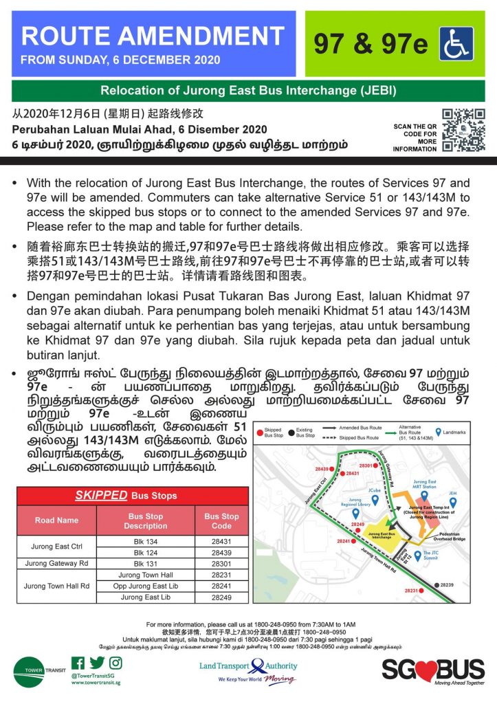 Relocation of Jurong East Bus Interchange - Route Amendment for Bus Services 97, 97e
