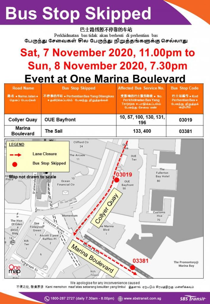 SBS Transit Poster for Bus Stops Skipped due to Event at One Marina Boulevard