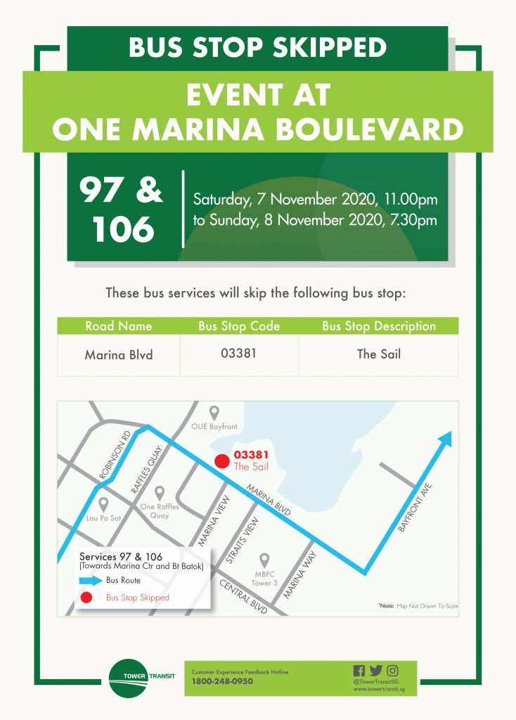 Tower Transit Poster for Bus Stop Skipped due to Event at One Marina Boulevard