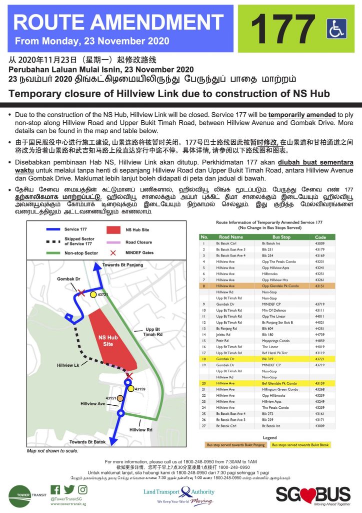 Tower Transit Poster for Service 177 Route Amendment - Temporary closure of Hillview Link due to construction of NS Hub