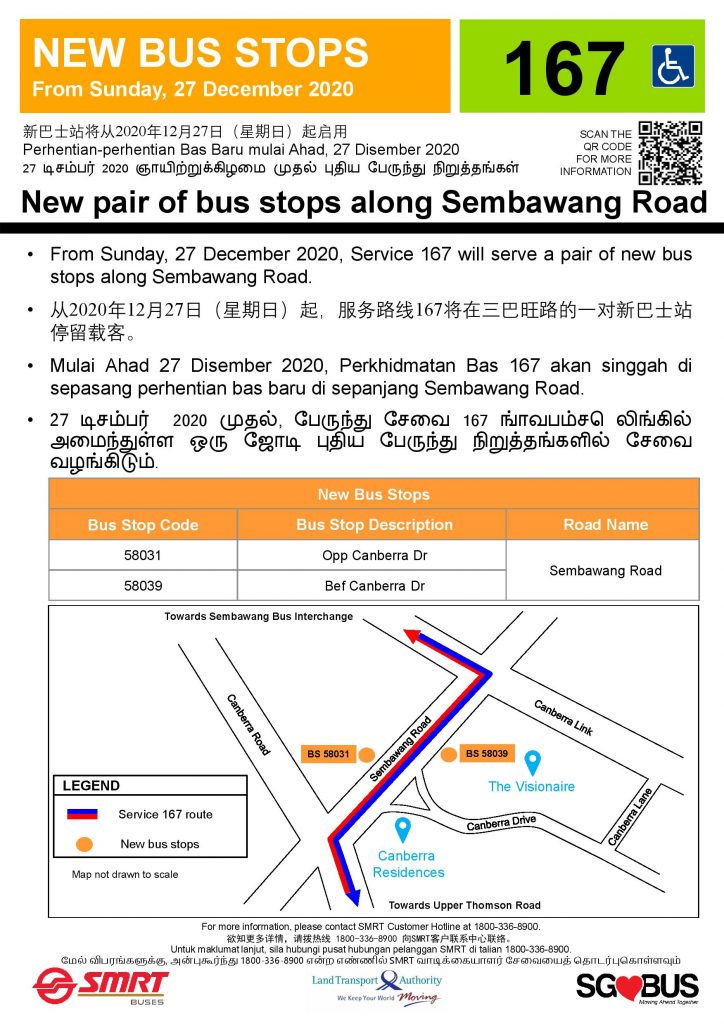 SMRT Buses New Pair of Bus Stops along Sembawang Road for Service 167