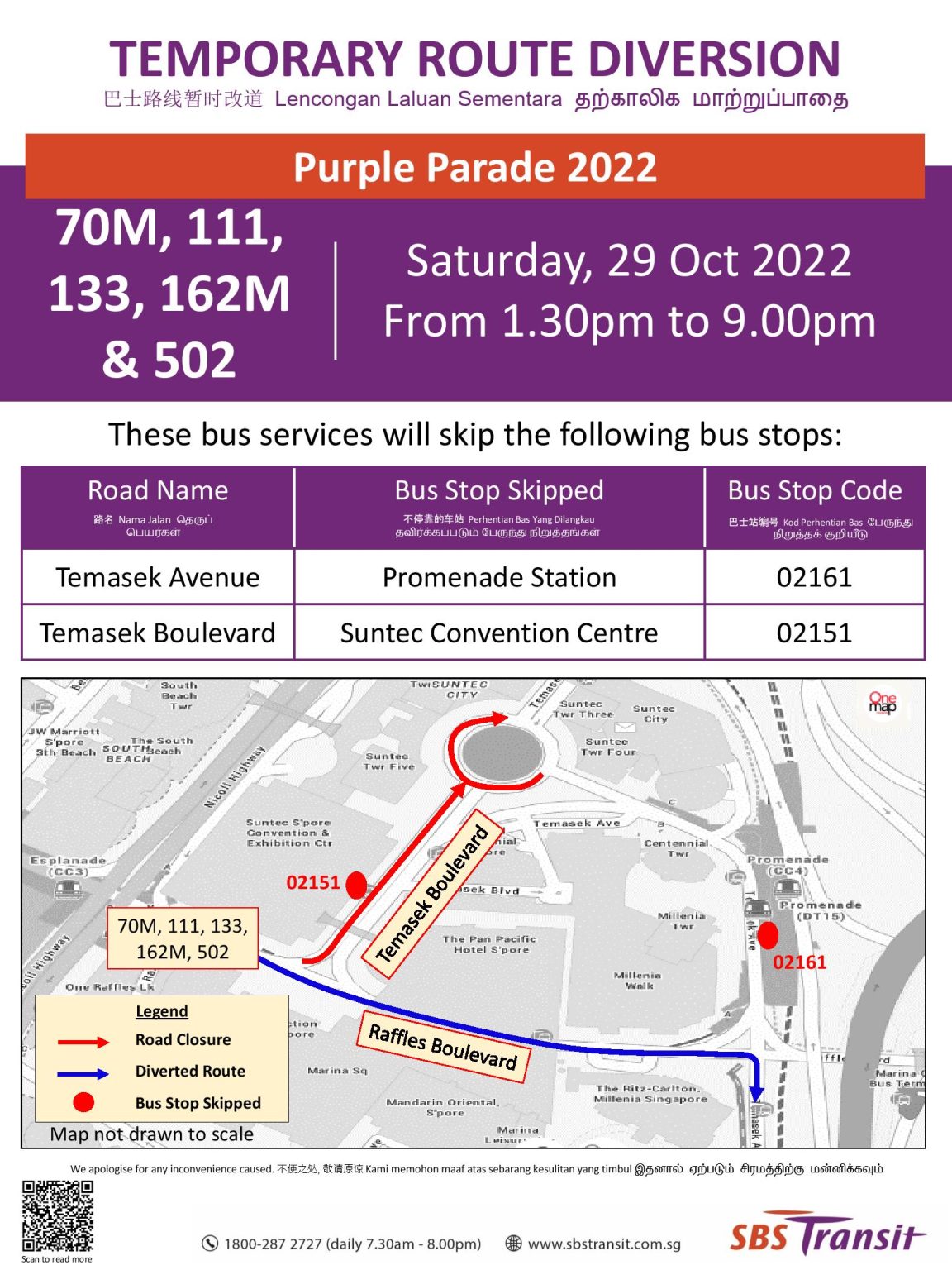 SBS Transit Temporary Route Diversion Poster for Purple Parade 2022