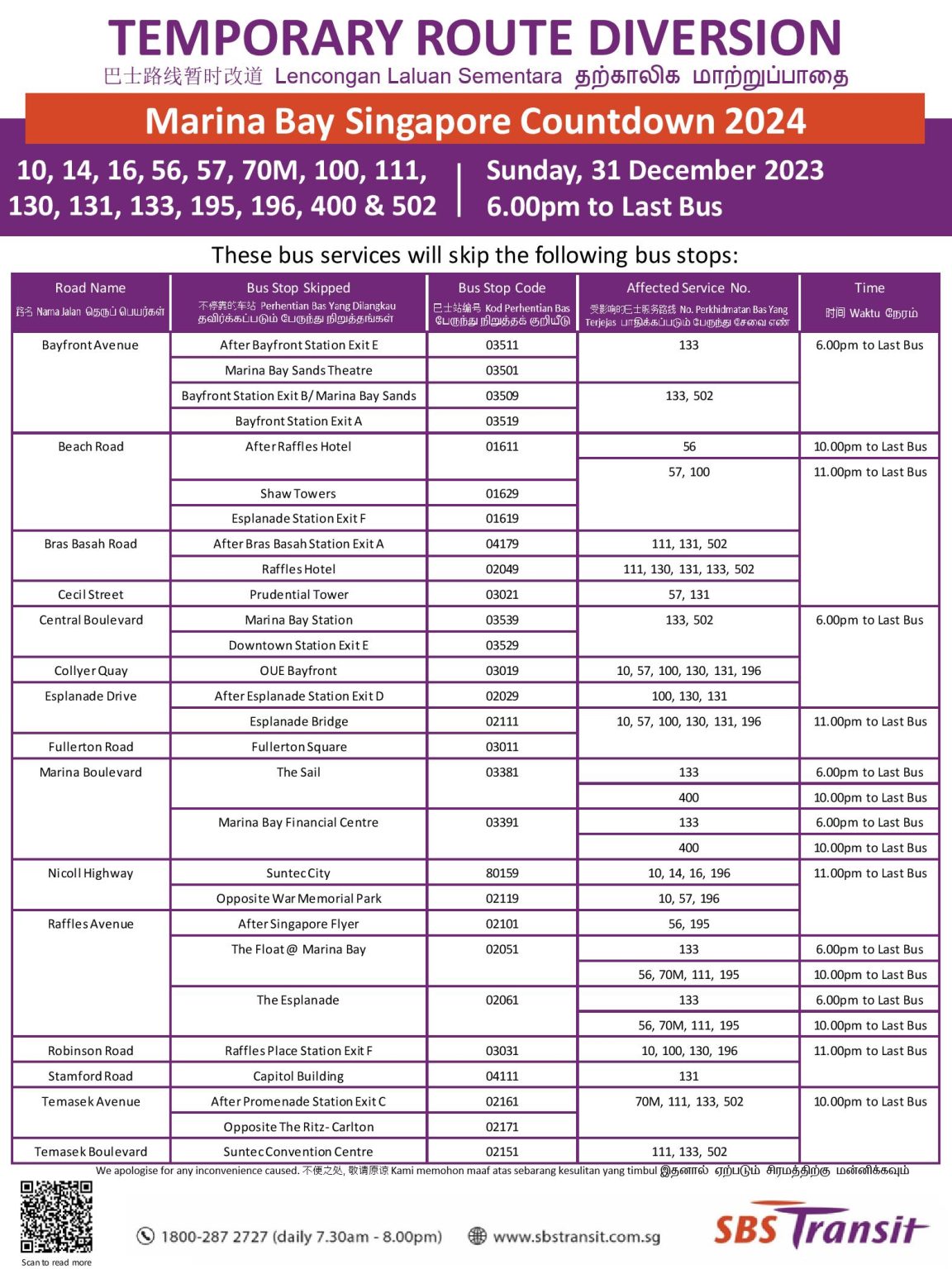 SBS Transit Temporary Route Diversion Poster for Marina Bay Singapore Countdown 2024 Land