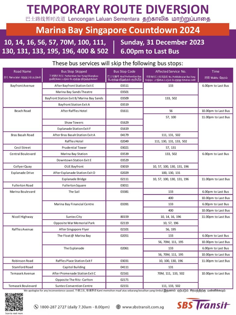 SBS Transit Temporary Route Diversion Poster for Marina Bay Singapore