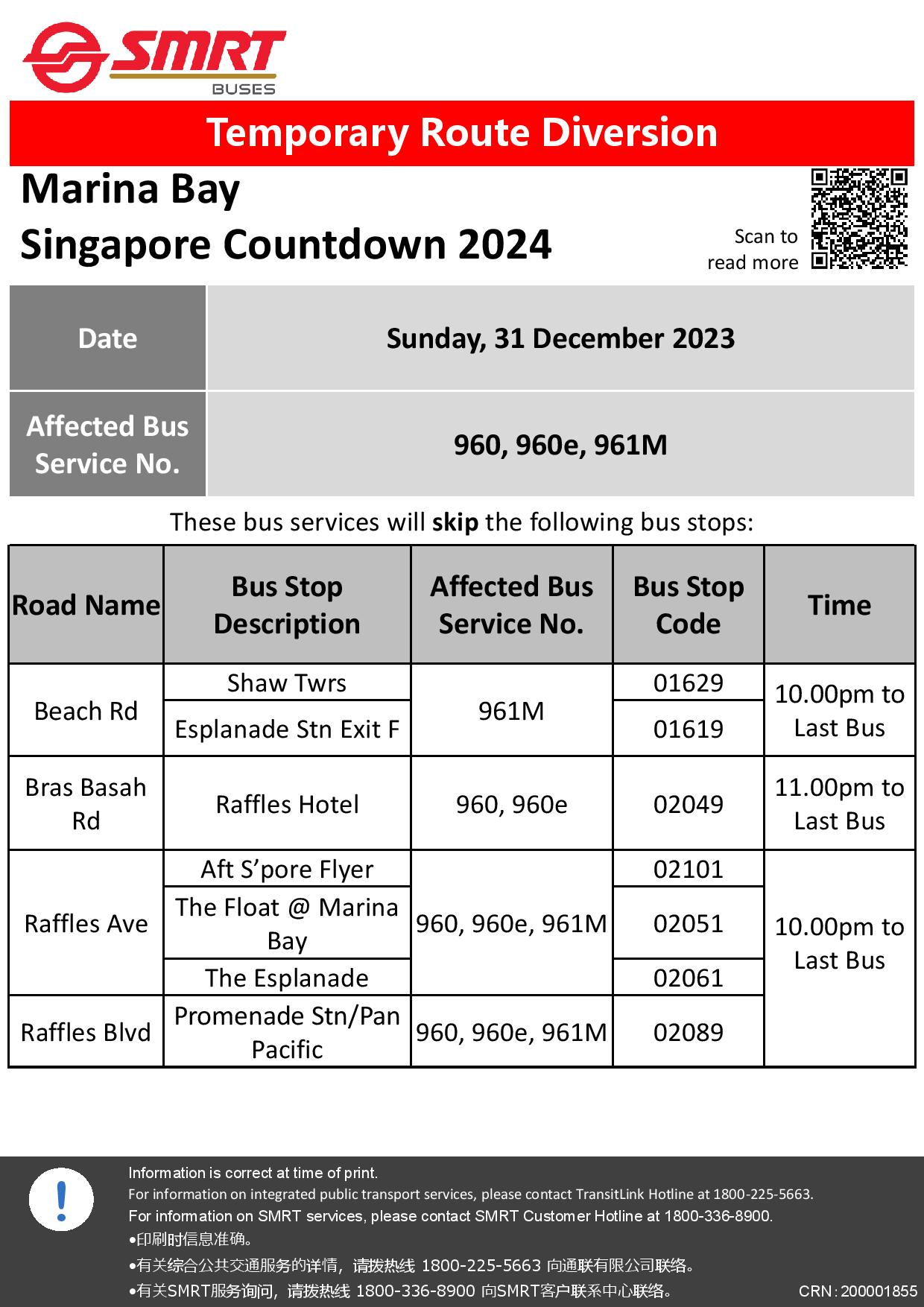 SMRT Buses Temporary Route Diversion Poster for Marina Bay Singapore