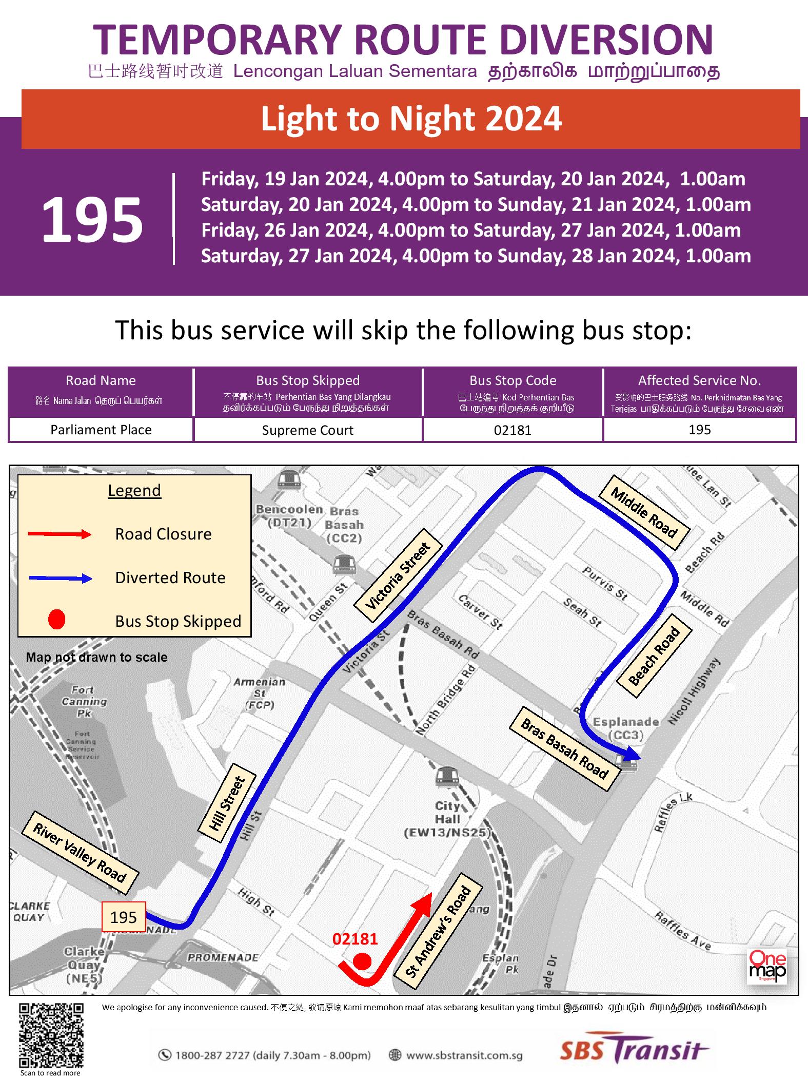 SBS Transit Temporary Route Diversion Poster for Light to Night 2024