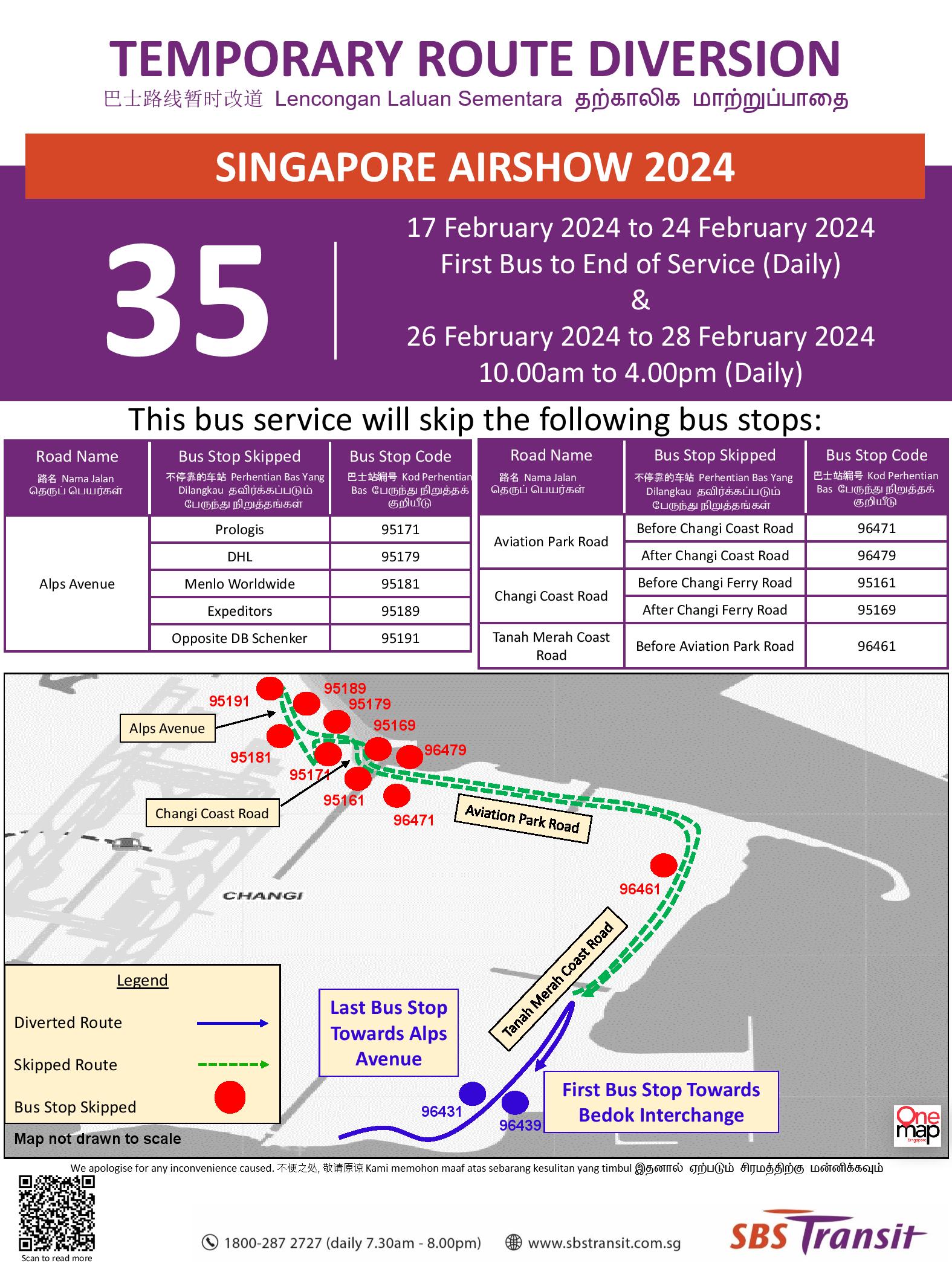 SBS Transit Temporary Route Diversion Poster for Singapore Airshow 2024