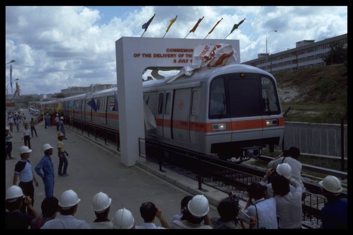 The first MRT train was delivered to Bishan Depot on 8 July 1986. Photo credits: Ministry of Information and The Arts Collection, and National Archives of Singapore